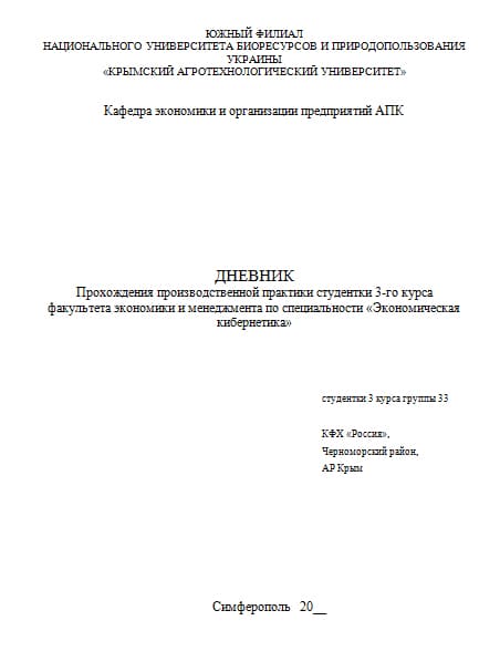 Дневник по производственной практики по экономике