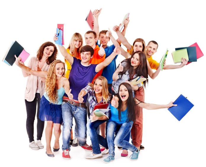 Group student with notebook isolated.